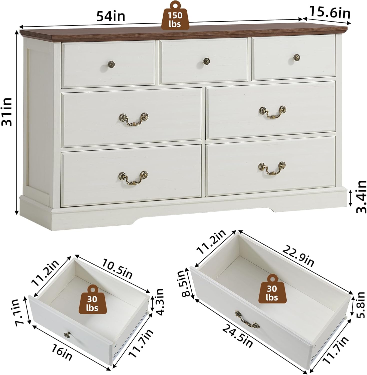 Farmhouse 7 Drawer Dresser for Bedroom,54 Wide Wood Rustic Chest of Drawers,Farmhouse Chest of Drawers for Bedroom,Wood Drawer Organizer for Living Room, Hallway,Bedroom,White