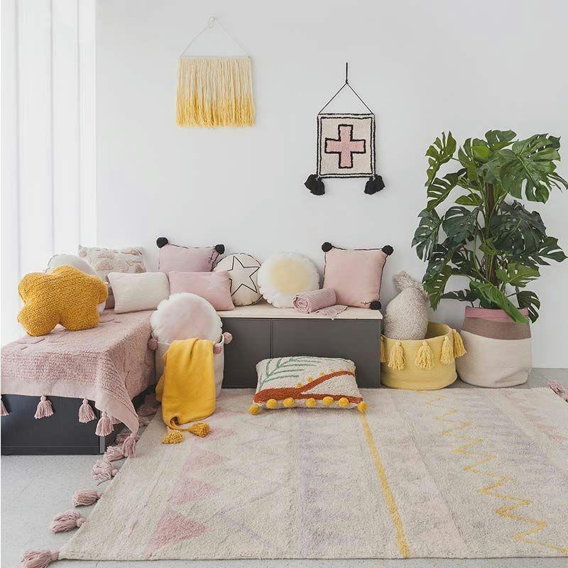 INDIEN - Tapis coton motif indien beige et rose 120x160