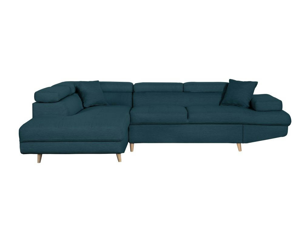 RIO SCANDI - Canapé angle gauche convertible, coffre en tissu - Bleu - Pieds bois
