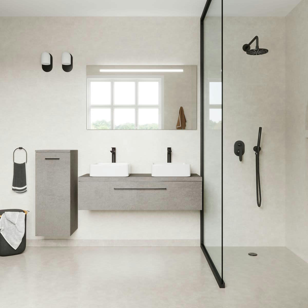 GLASGOW - Meuble salle de bain 2 vasques posées 120cm 1 tiroir Béton