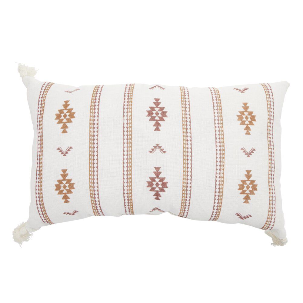 Coussin rectangulaire Indie blanc motif orange avec pompons 30x50cm
