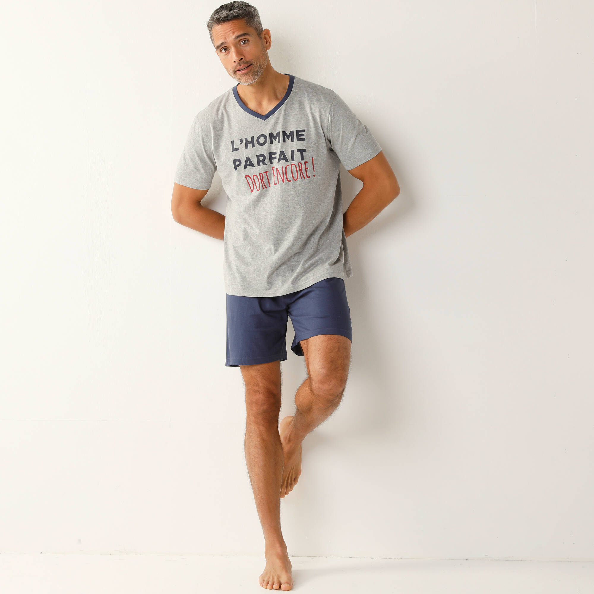 Pyjama short col V imprimé message