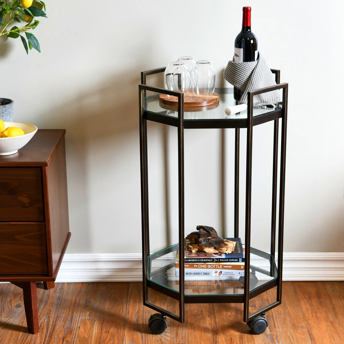 Octagon 2-Tier Metal Bar Cart