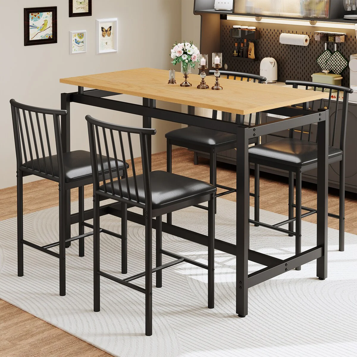 5 Pieces Dining Set, Pub Bar Table Set, PU Stools with Backrest