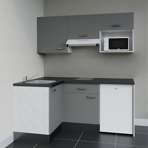 Kitchenette KA03 façades Gris - Plan de travail Noir texturé - Crédences : Non - Evier inox - Electroménager Blanc inclus