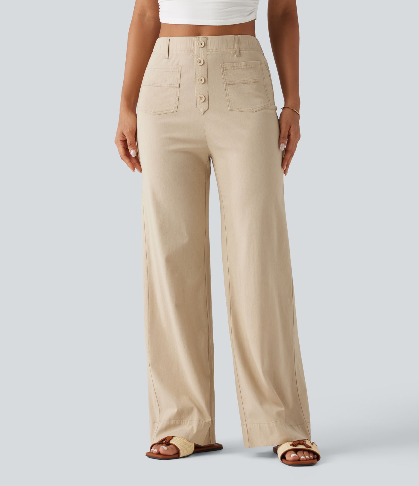 Pantalon droit taille haute en lin stretch avec poches