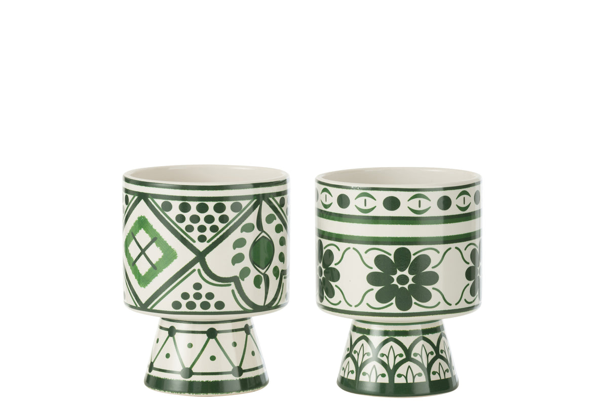 J-Line bloempot Mykonos - keramiek - groen - medium - 2 stuks - Ø 13.5 cm