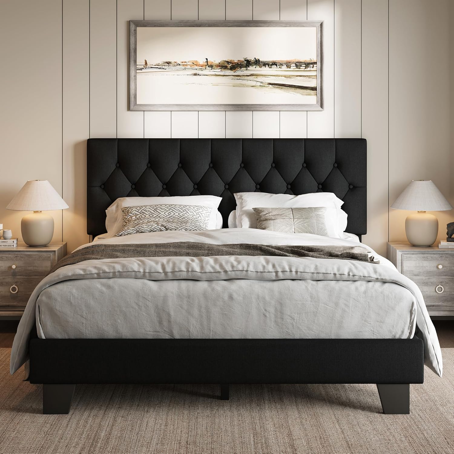 iPormis Upholstered Queen Size Bed Frame with Button Tufted Headboard, Linen Platform Bed with Thickened Support Legs, No Box Spring Needed/Noise-Free/Easy Assembly, Black