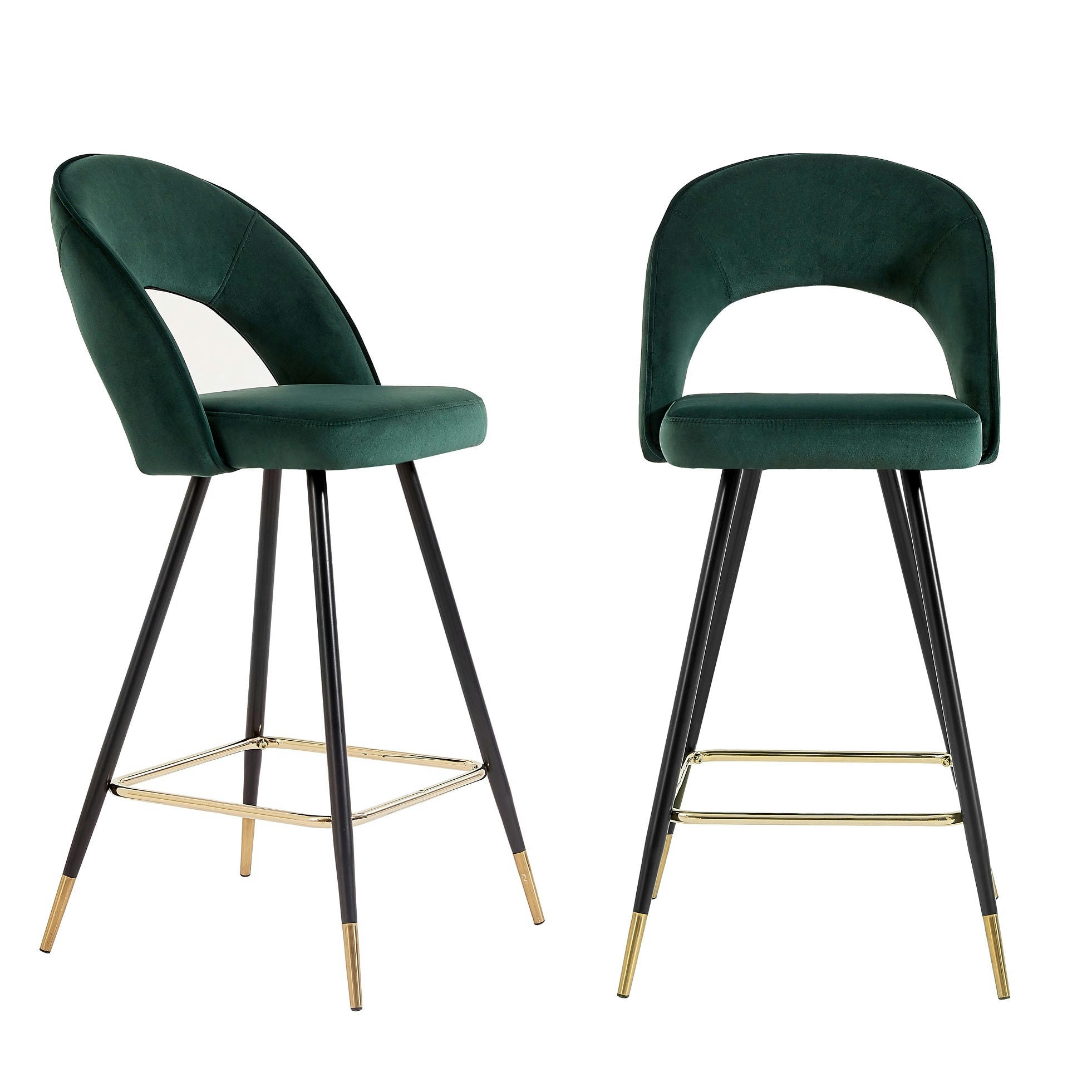 BASILE - Lot de 2 tabourets de bar en velours vert pieds noir et doré