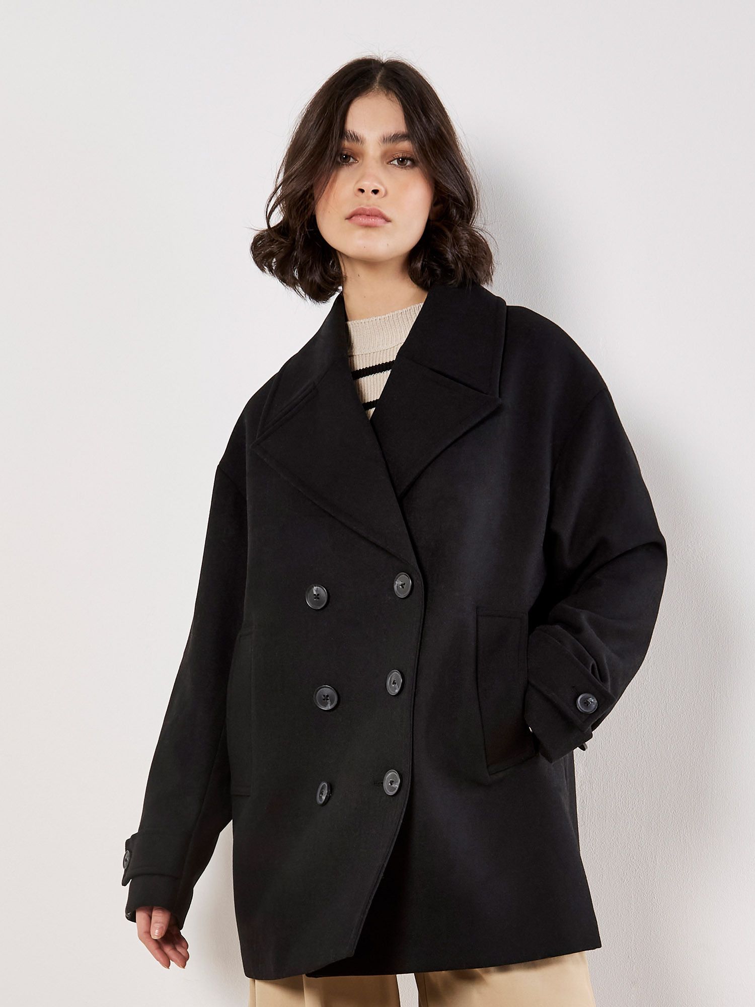 Apricot Tailored Double-Breasted Peacoat