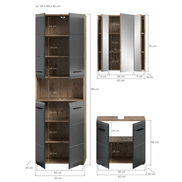 Badmöbel-Set, BxHxT: 135 x 185 x 30 cm, 3-teilig