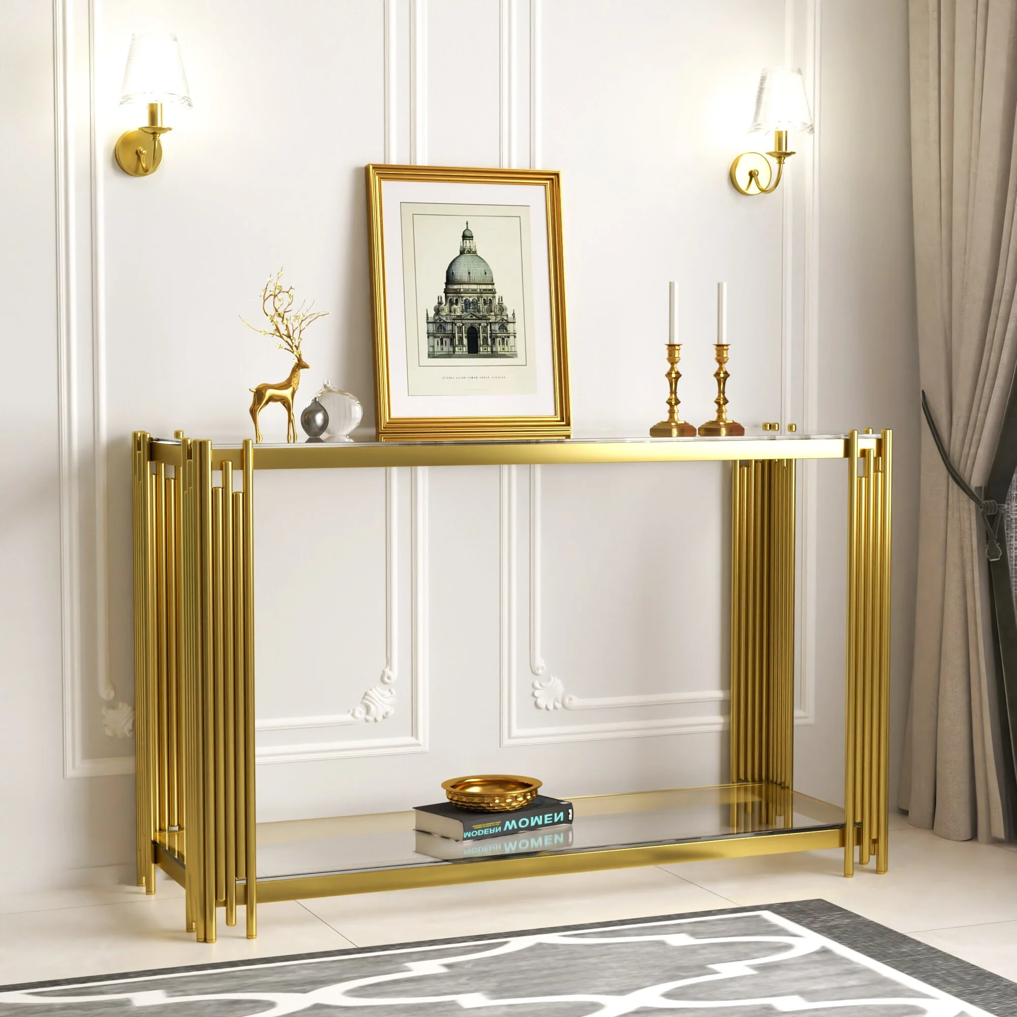 47 Gold Glass Console Table - Modern Entryway Table with 2-Tier Tempered Glass