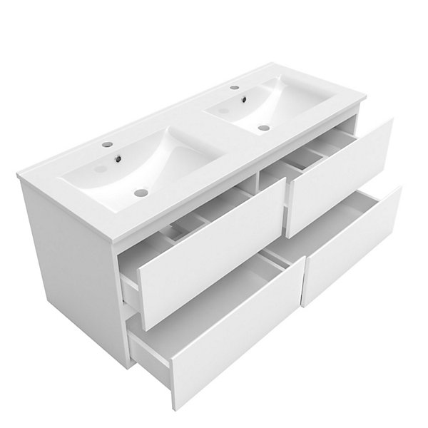 Ensemble meuble de salle de bain avec tiroirs 120cm, vasque céramique et LED miroir, blanc