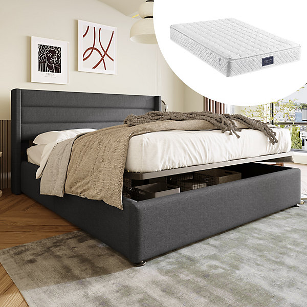 Lit 160x200 cm avec rangement hydraulique et tête de lit rembourrée en lin gris, cadre solide, style moderne