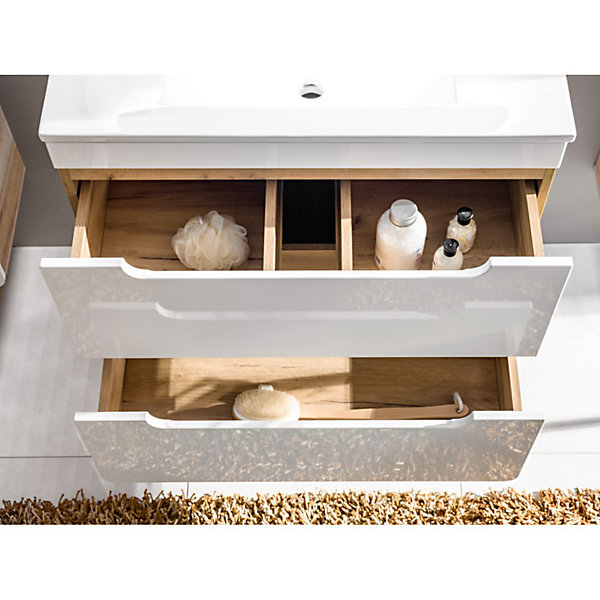 Colonne salle de bain ERBANOChene clair et blanc brillant25x170 cm3 portesMeuble suspendu