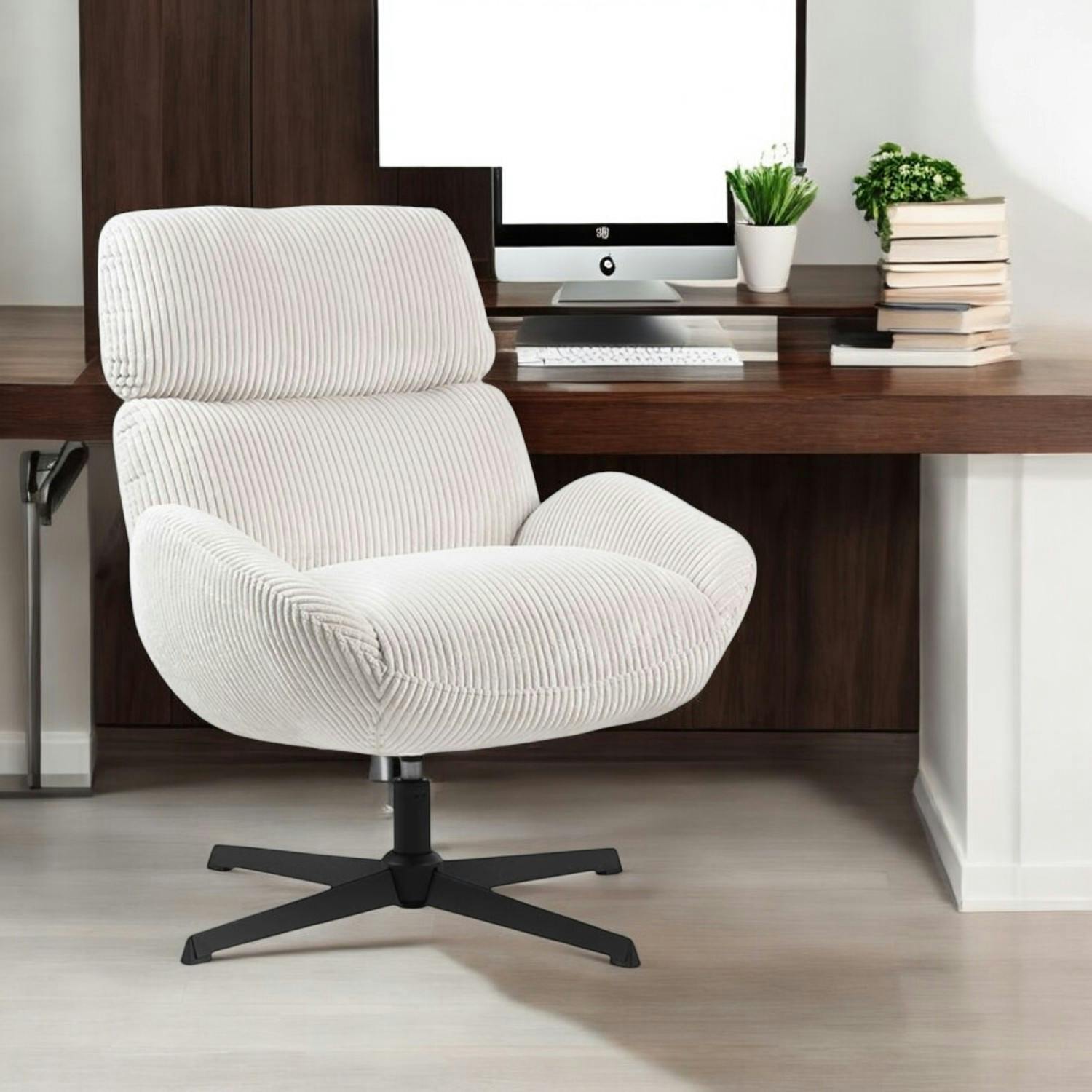 Fauteuil de salon rotatif tissu côtelé blanc IENA