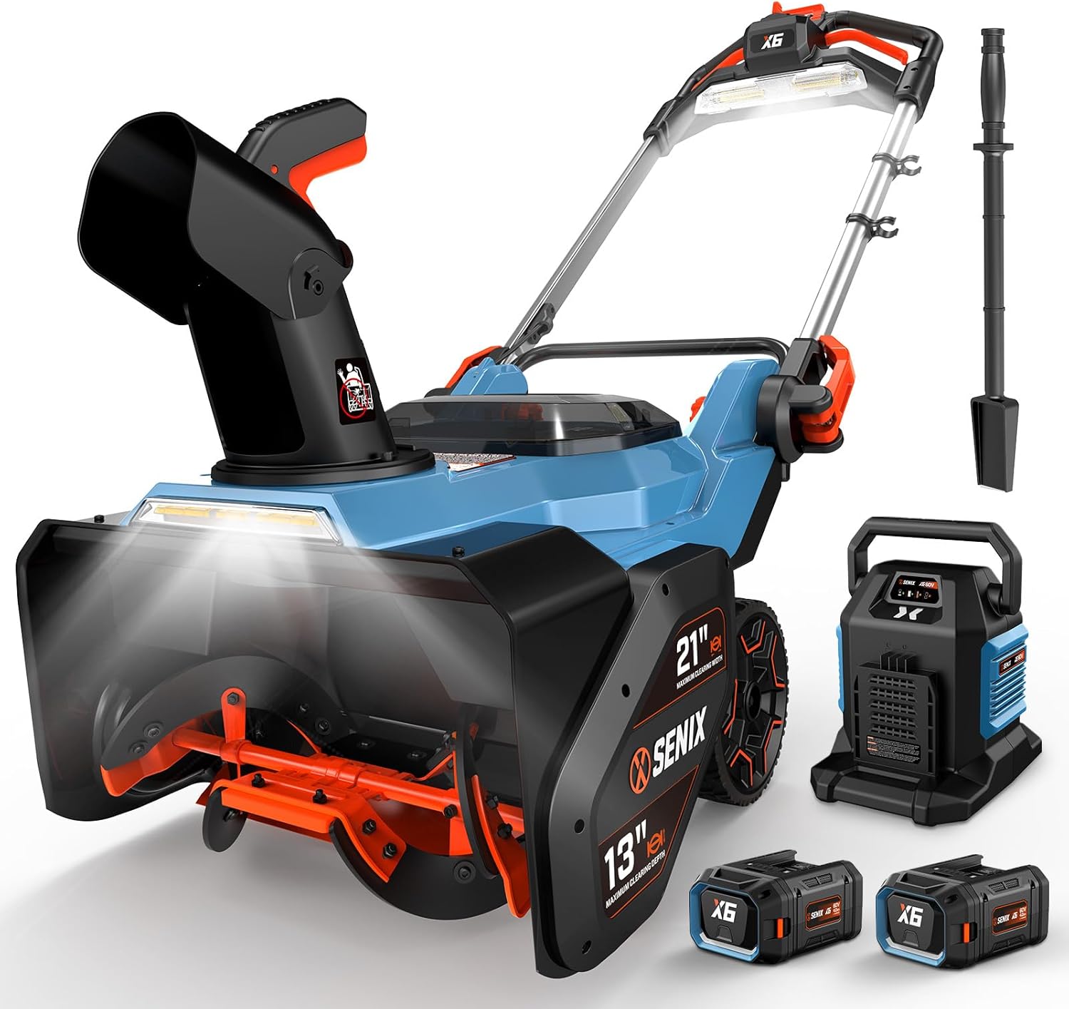 SENIX 60V 21 Cordless Snow Blower  Steel Auger  3500W Brushless Motor  Heated Handle 13 Depth  45FT Throw Distance  LED Lights  16000mAh Batteries(Single Box) & Dual Port Charger 1200lbs/min