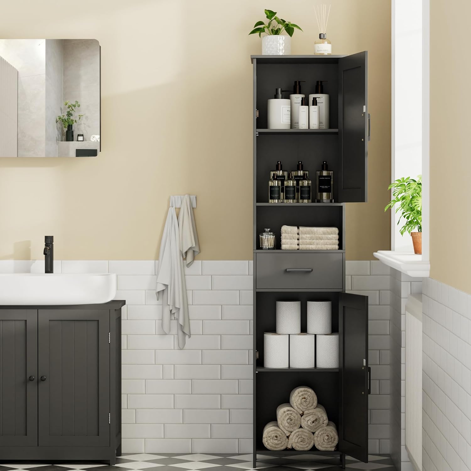 Homhedy 67 H Tall Bathroom Storage Cabinet with 2 Barn Doors and 1 Drawer, Narrow Storage Unit, Adjustable Shelves, Floor Cabinet for Bathroom, Living Room, Entryway, Kitchen, Black, (15.7 W)