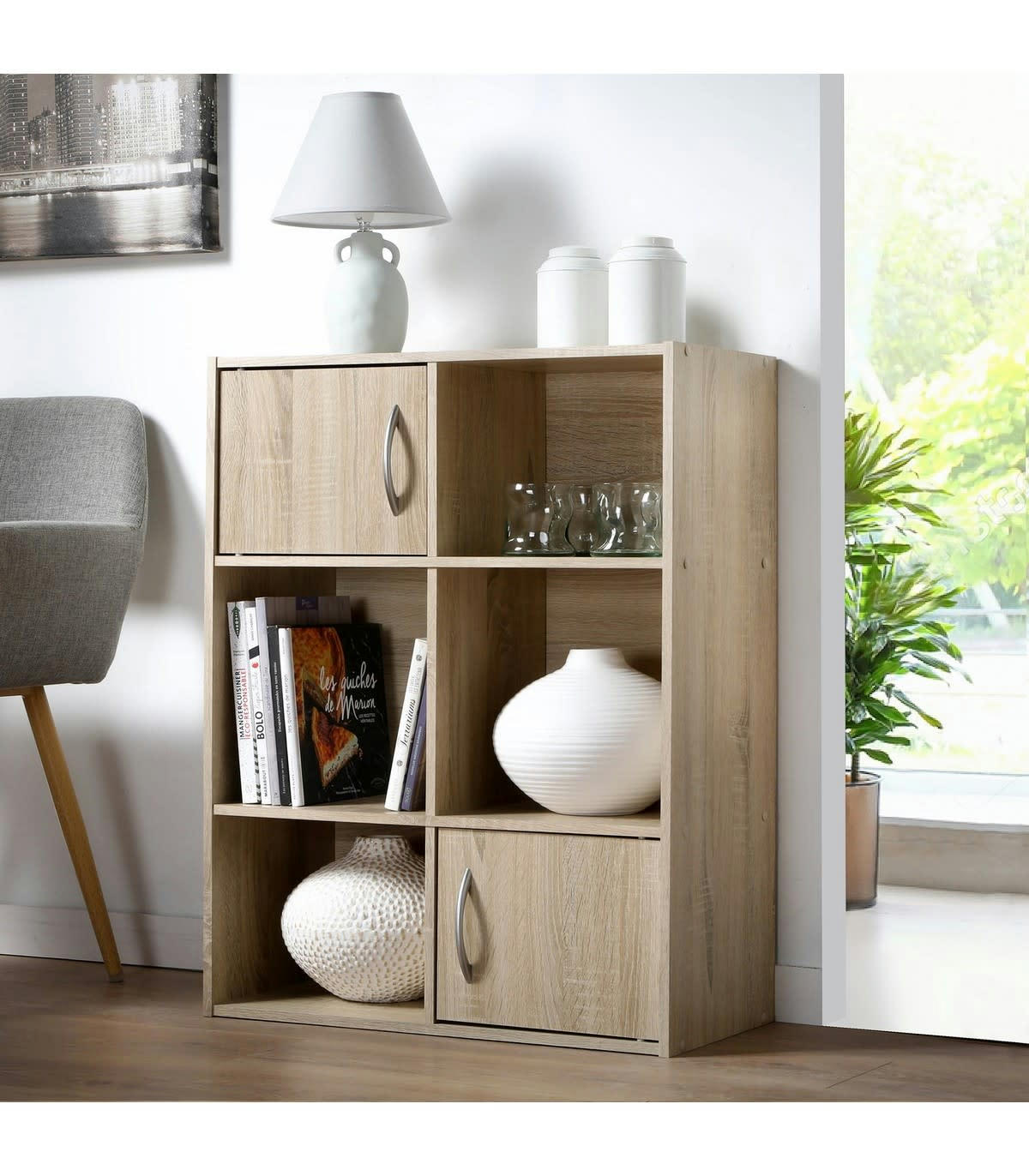 - Etagère de rangement 6 cases 2 portes - Marron