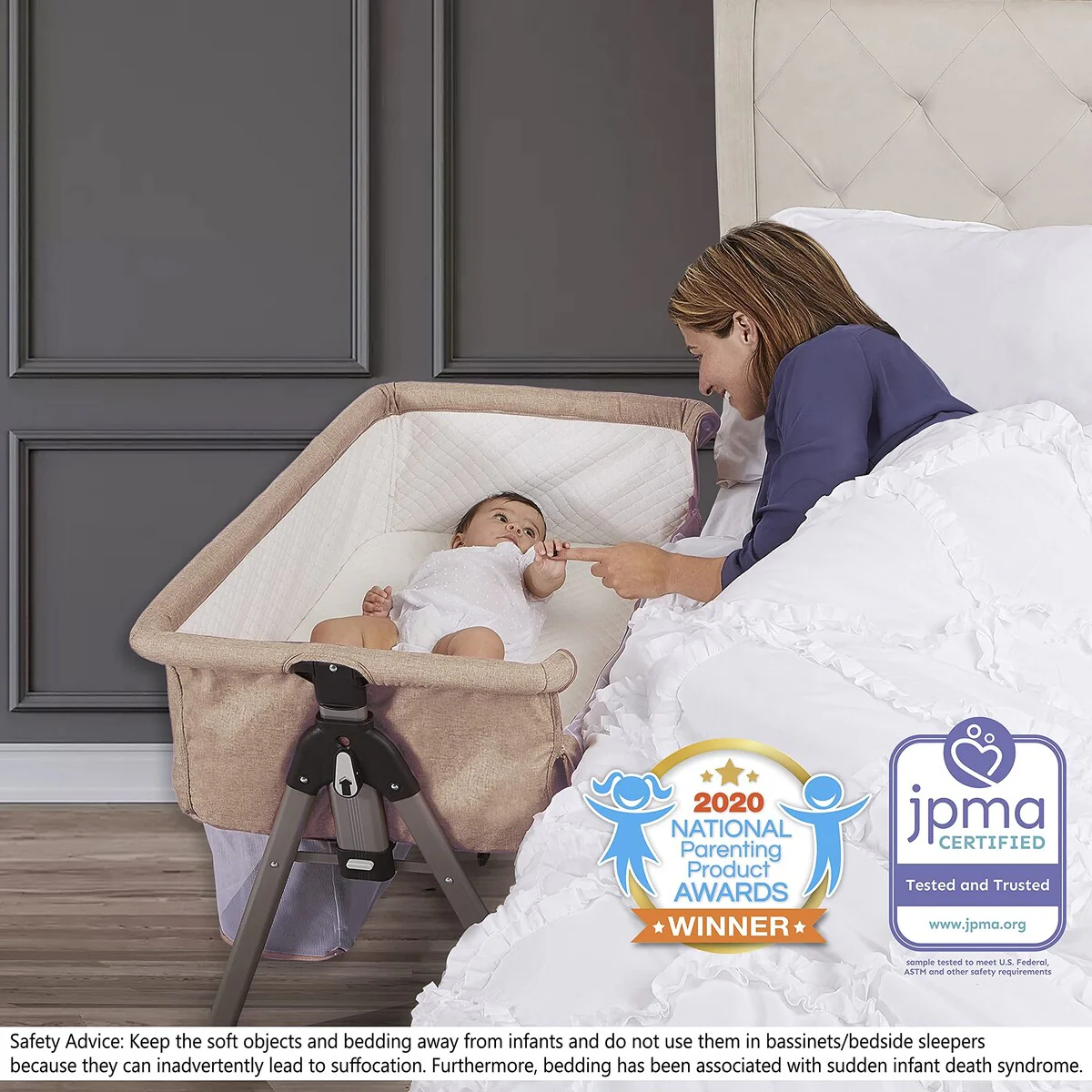 Lotus Bassinet and Bedside Sleeper in Brown, Lightweight and Portable Baby Bassinet, Adjustable Height Position, Easy to Fold