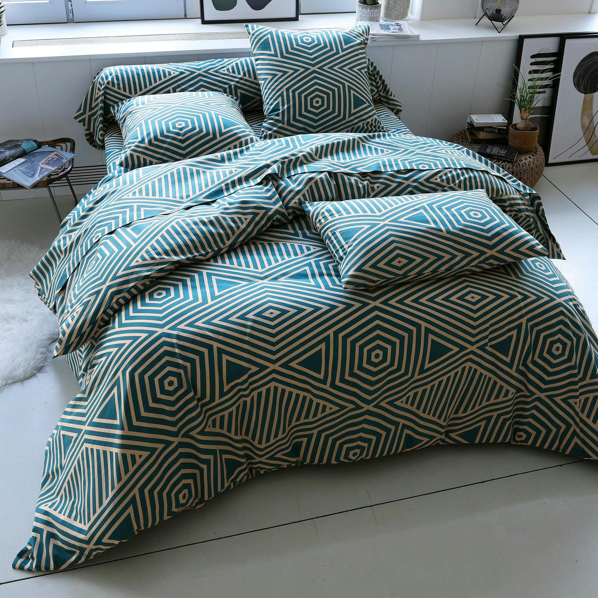 THEO - Housse de couette 200x200 bleu canard en coton