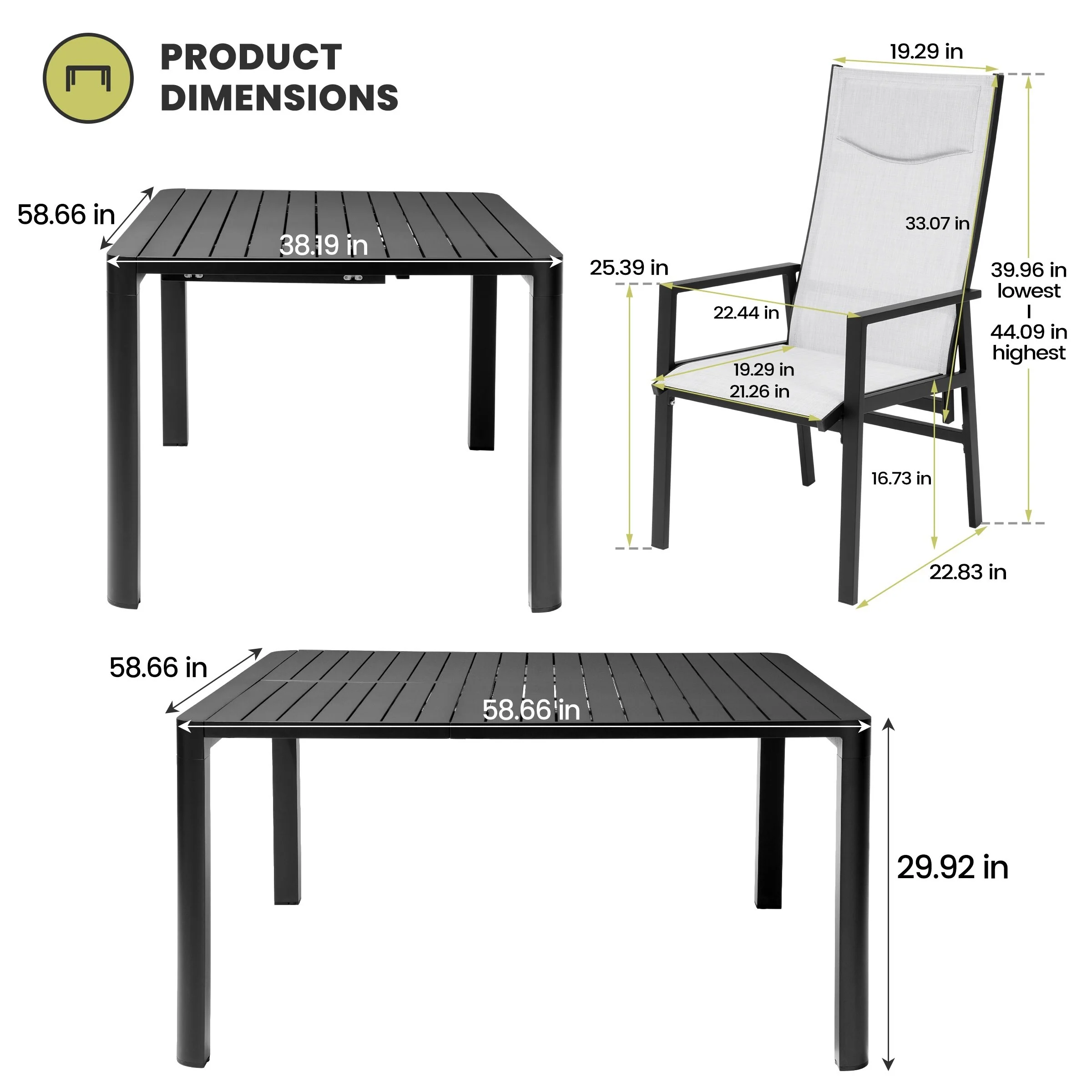 Outdoor Aluminum Extendable Dining Table and Folding Dining Chairs with Pneumatic Adjustable Back