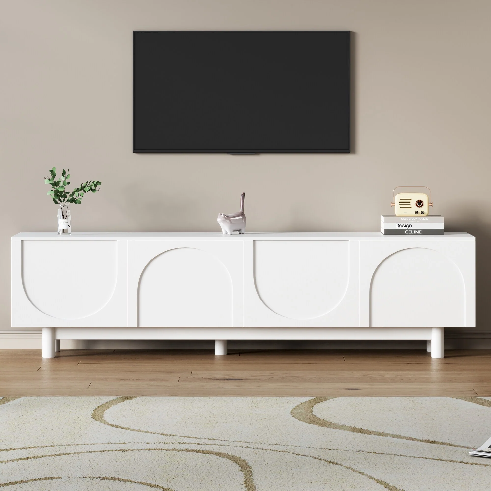 White 70 TV Stand with Wood Legs, Cabinets & Shelves for TVs Up to 78