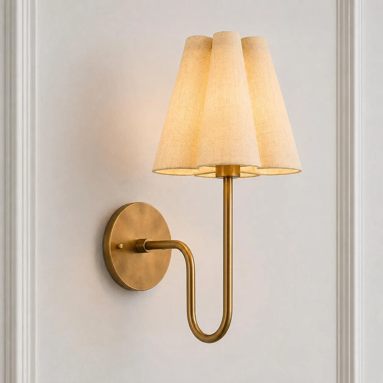 Handmade Brass Wall Sconce, Pleated Fabric Shade, Mid-Century Modern Lighting
