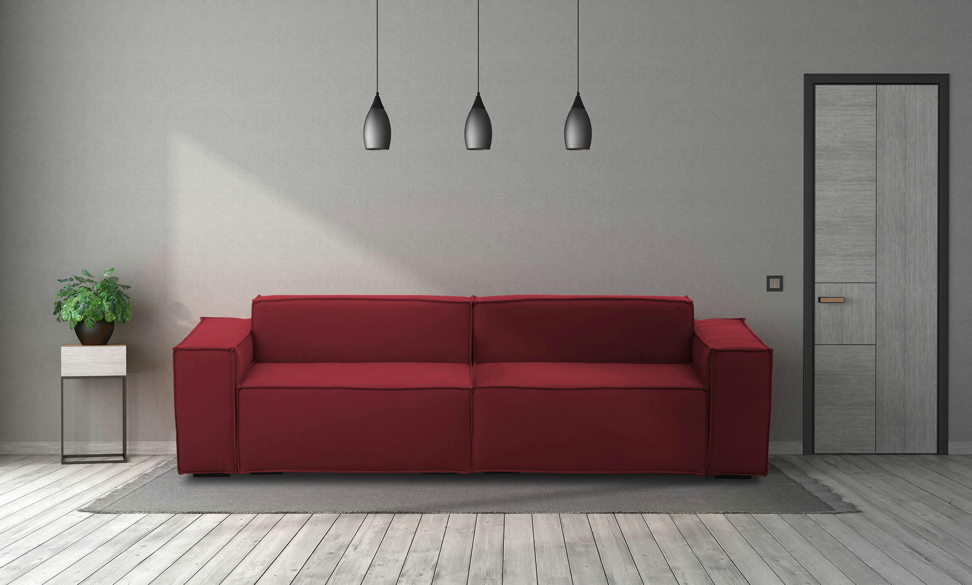 DMELUCC - Canapé fixe 3 places en tissu rouge