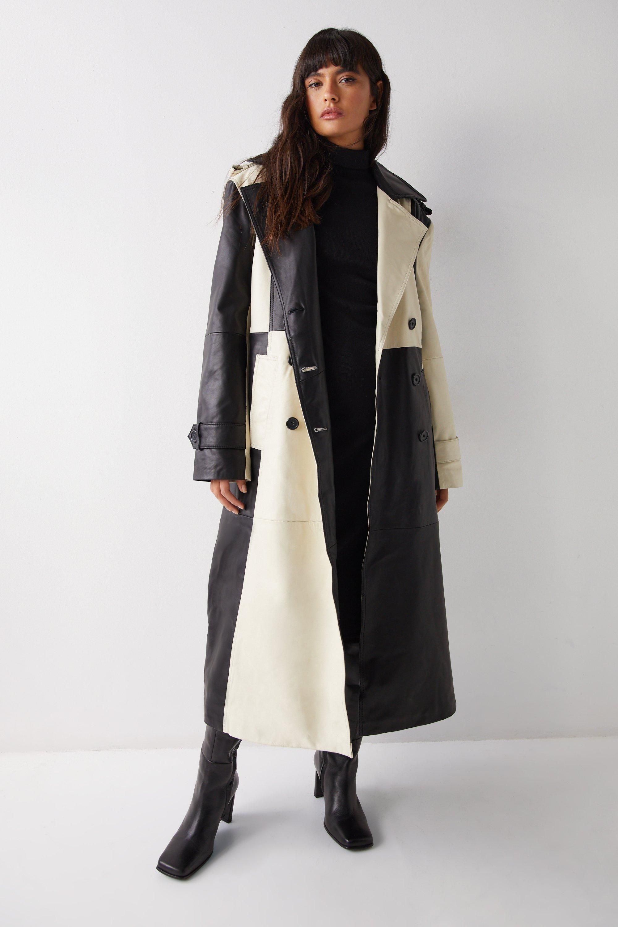Warehouse Premium Real Leather Colourblock Trench Coat