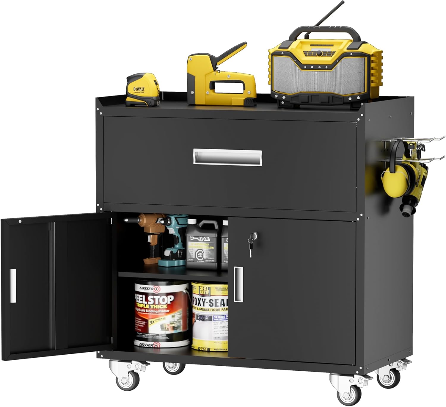 LCAOPC Metal Garage Storage Cabinet with Wheels, Lockable Rolling Tool Chest with Wheels, Tool Cabinet on Wheels, Metal Rolling Utility Cabinet for Home, Office, Garage and Workshop, Black