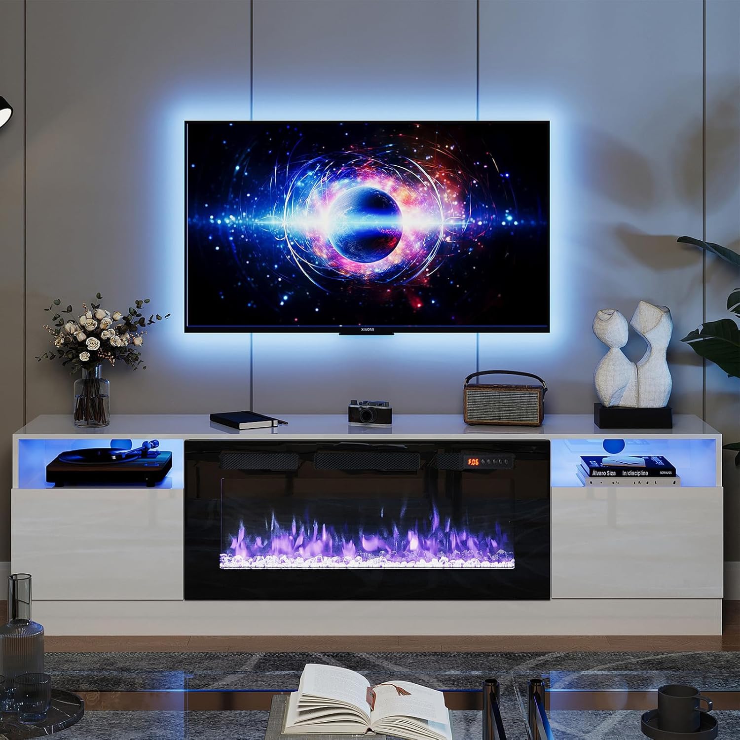oneinmil Fireplace TV Stand with 36 Electric Fireplace, LED Light Entertainment Center, Modern Wood Texture Highlight Storage Cabinet for TVs Up to 80, 70 inches,White