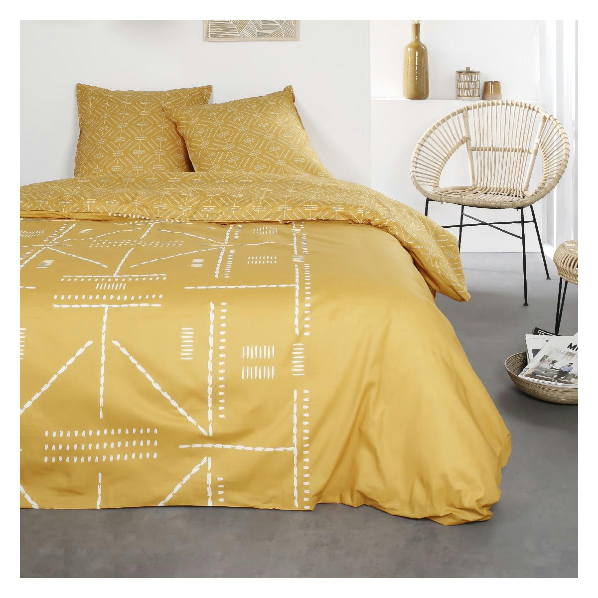 SUNSHINE KAELI - Parure de lit 2 personnes imprimé en Coton Jaune 220x240 cm
