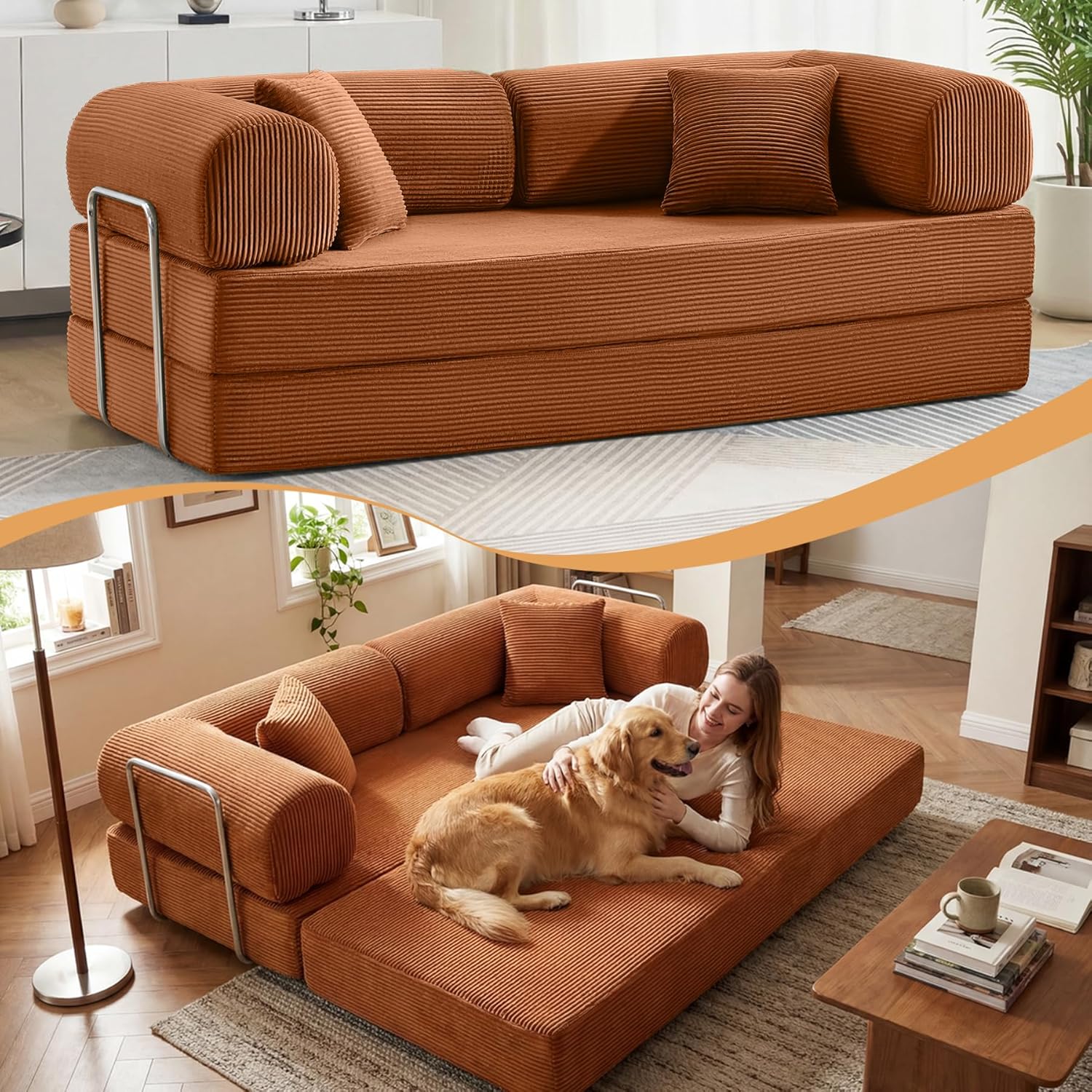 Sofa Bed, 79 Convertible Sleeper Sofa with Pull Out Bed, 5-in-1 Folding Corduroy Futon Couch, Modular Loveseat Sofa Bed for Living Room, Bedroom & Apartment, Brown