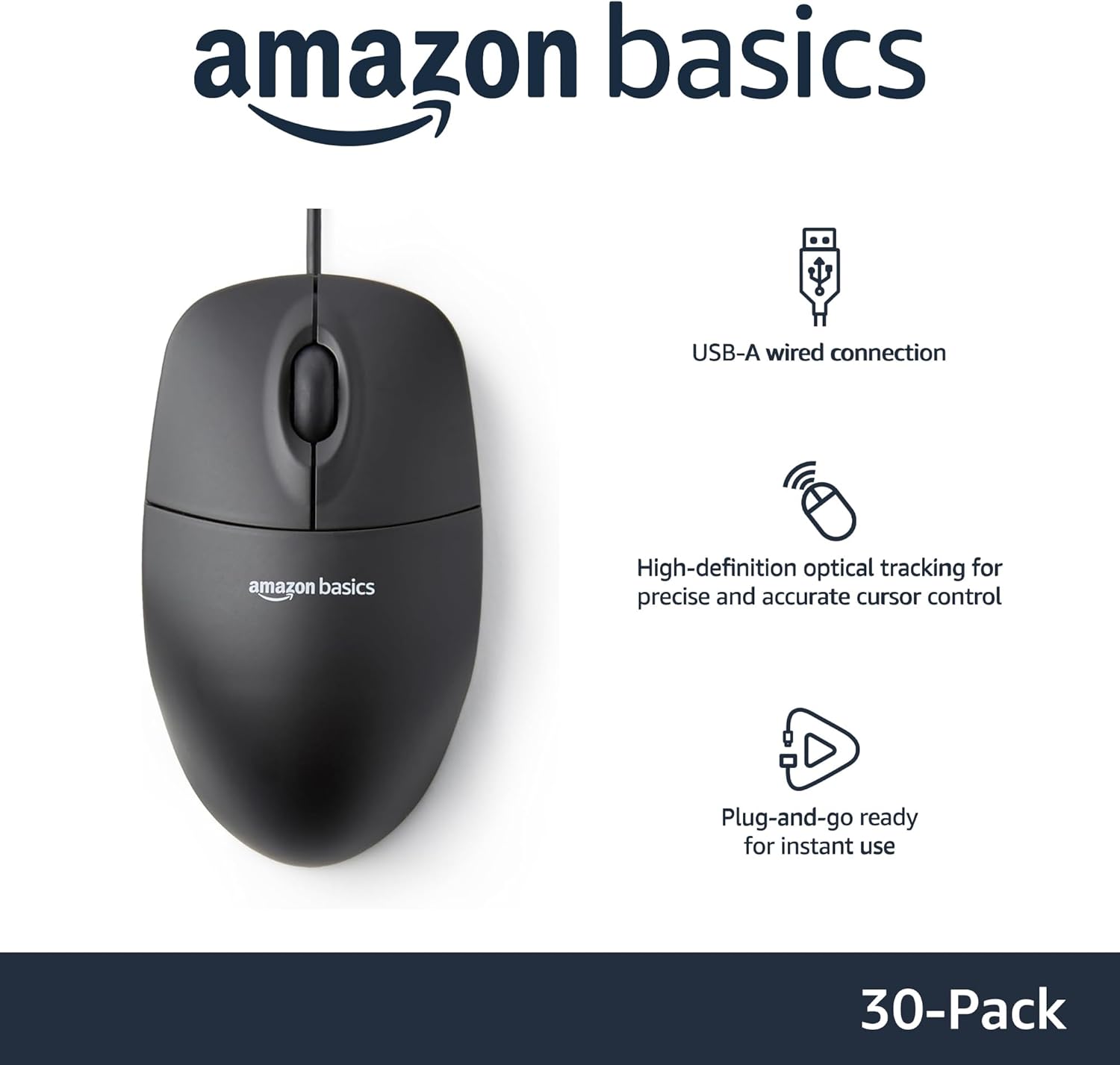 Amazon Basics 3-Button USB Wired Computer Mouse, Black, 30-Pack