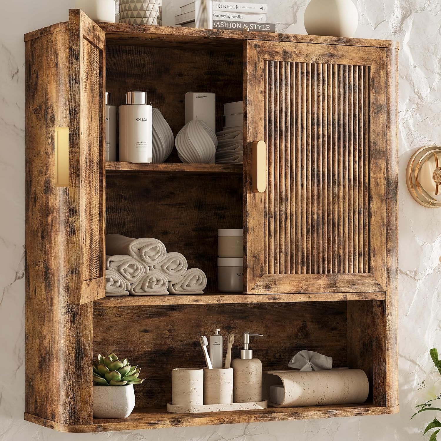 INNOD Bathroom Wall Cabinet, Wall-Mounted Medicine Cabinet with Adjustable Wood Shelf & Doors, Floating Bathroom Cabinet Over Toilet for Laundry Room & Kitchen & Living Room (Retro)