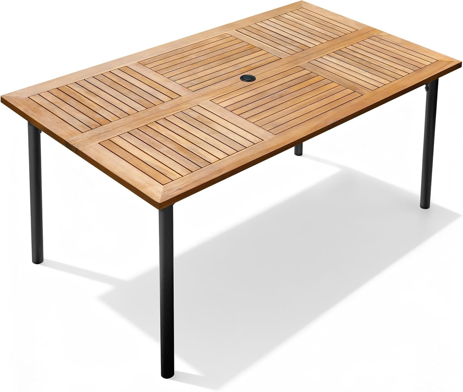 Flamaker Acacia Wood Patio Outdoor Dining Table for 6, Outdoor Table with Umbrella Hole and Metal Legs for Garden, 63’’L x 36’’ W x 30’’ H