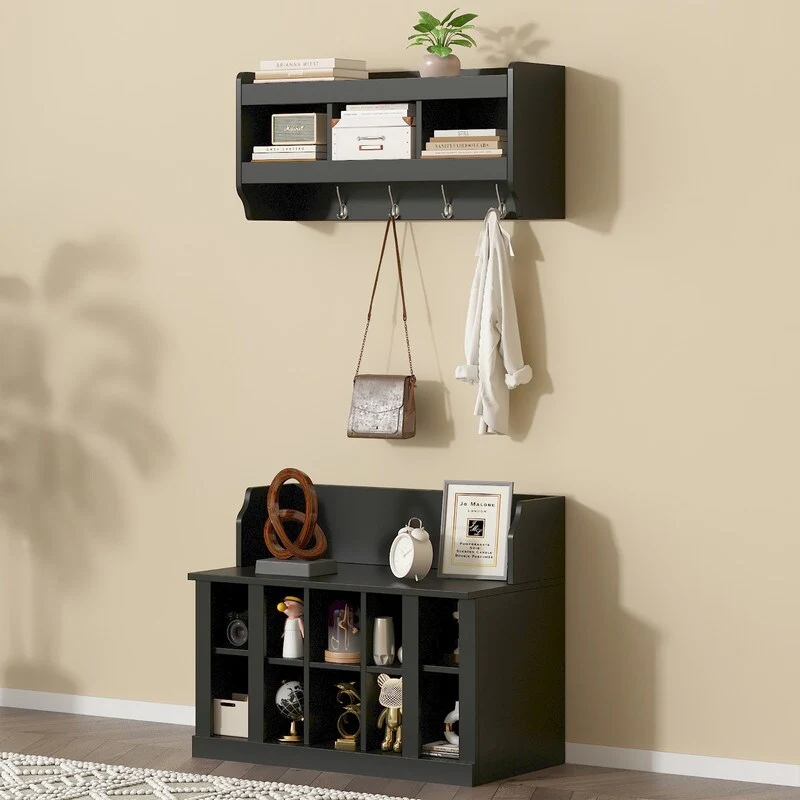 35W Wall-Mounted Shoe Storage Bench Hall Tree with Shelves and 4 Hooks