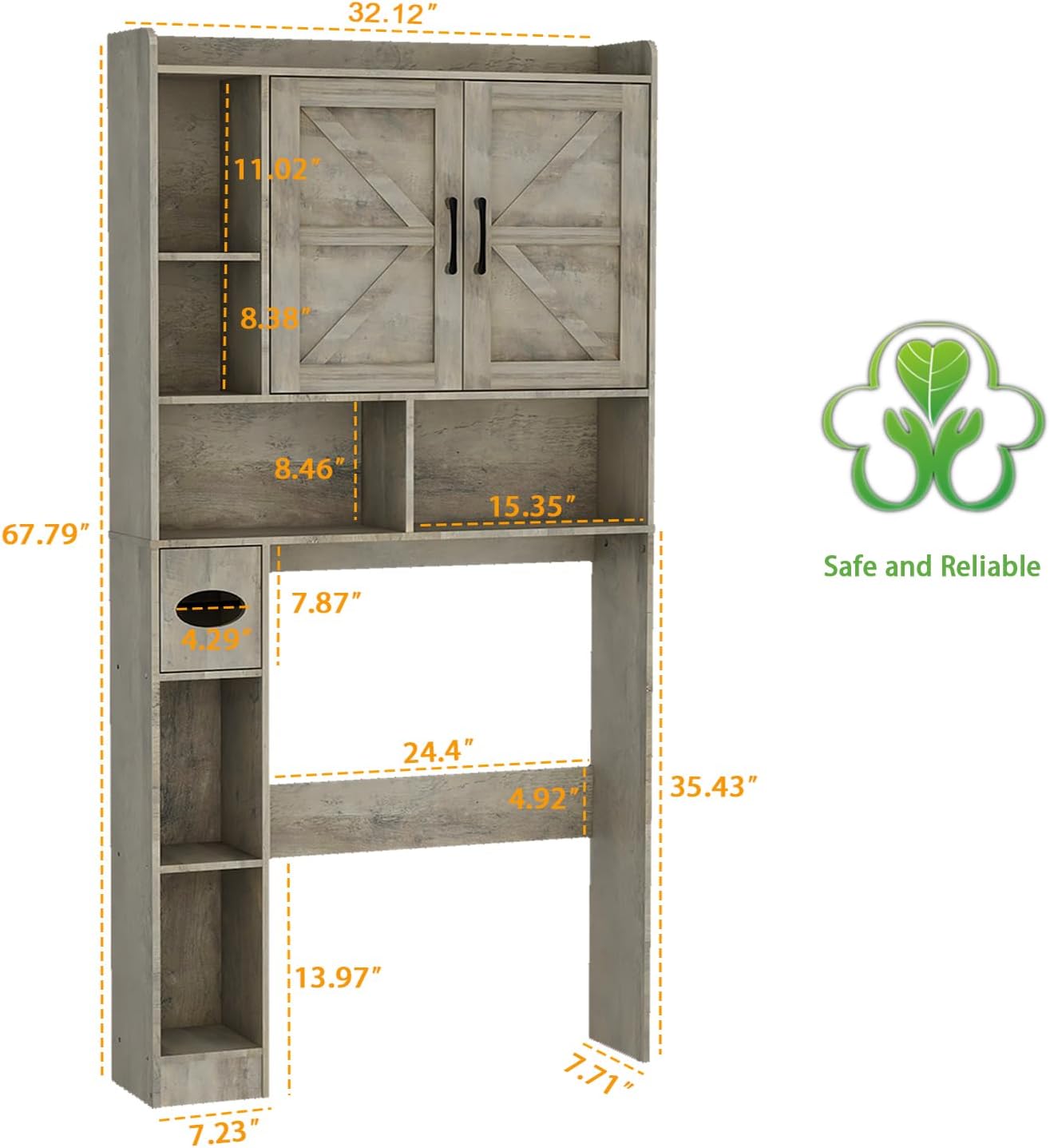 Vabches Over The Toilet Storage Cabinet, Farmhouse Storage Cabinet Over Toilet with 2 Barn Door & Toilet Paper Holder Stand，Home Space-Saving Toilet Rack, for Bathroom, Restroom, Laundry