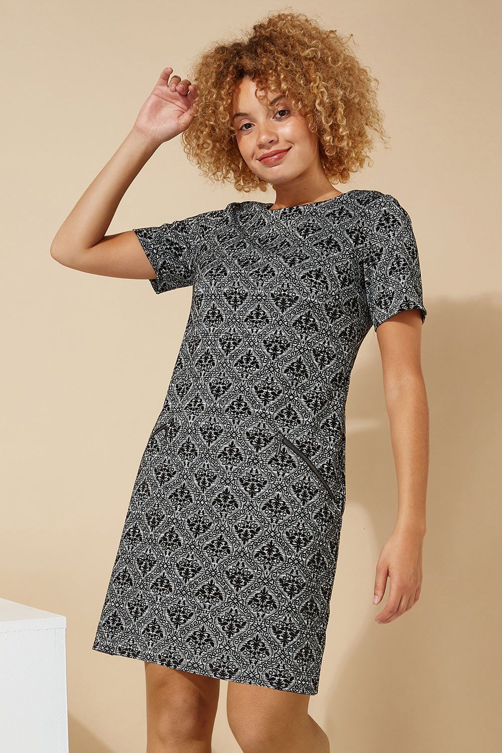 Roman Flocking Detail Stretch Shift Dress