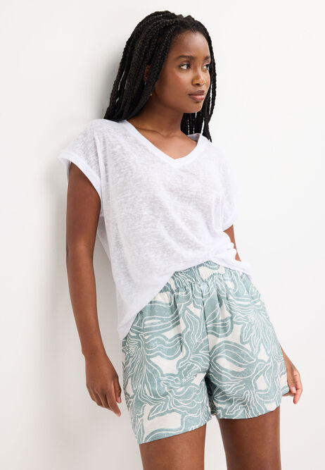 Womens White V Neck Slub T-Shirt
