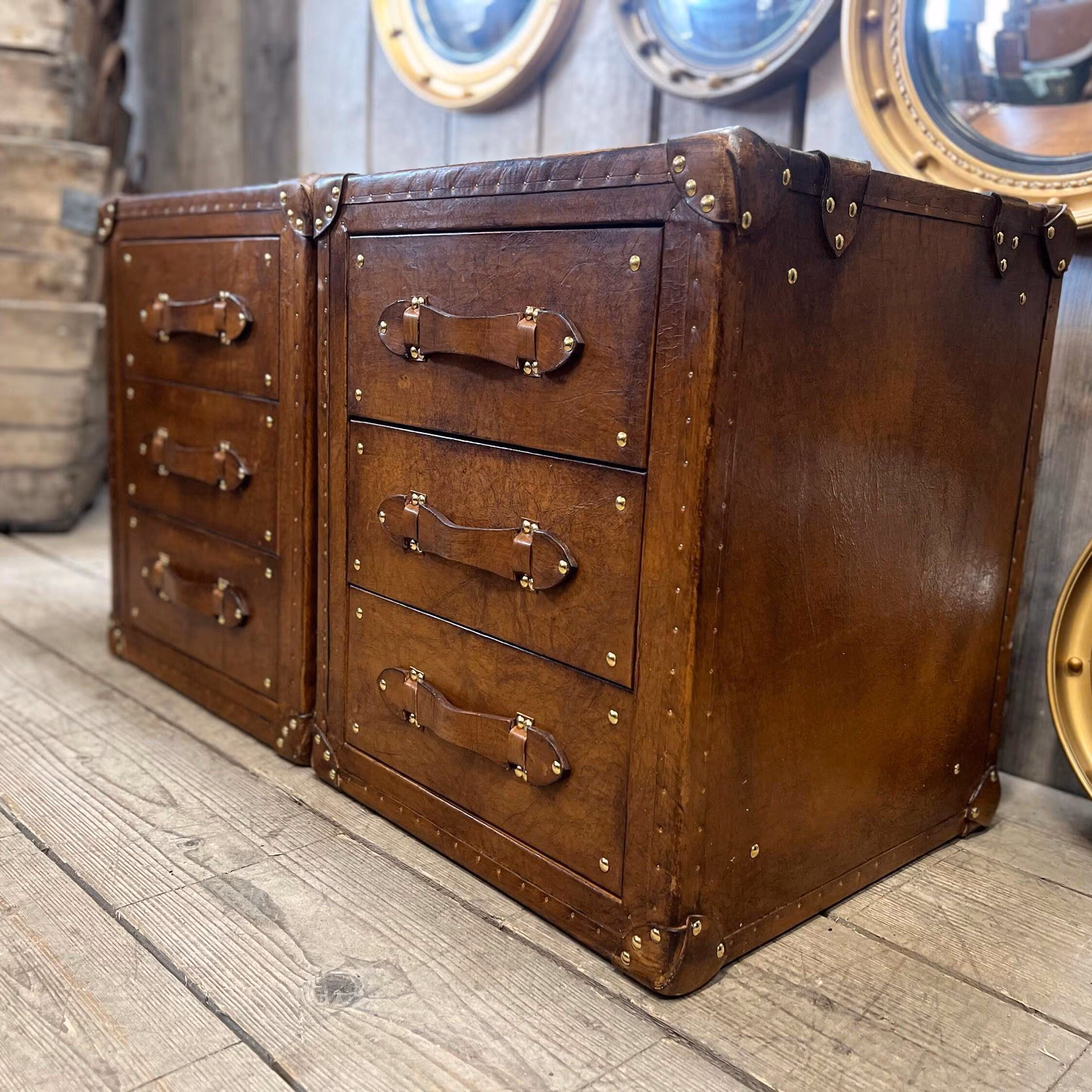 Tan Leather Trunk Nightstand Storage Bedside Tables Brass Hardware Vintage Furniture Bedroom Pair Handcrafted English Heritage Chest Drawer