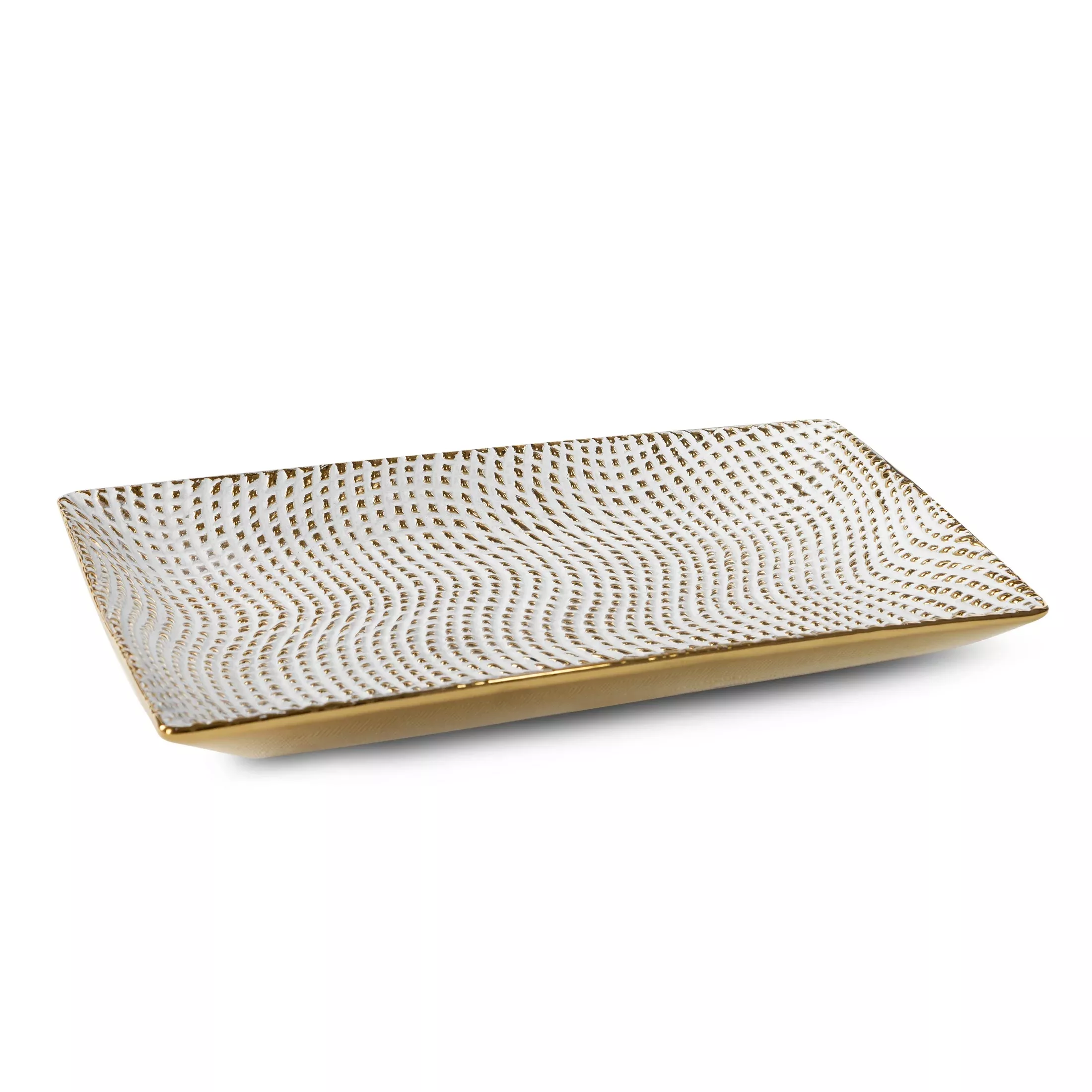Patera ceramiczna dekoracyjna biało-złota o prostokątnym kształcie z drobnym wytłaczanym wzorem 35x20x4 cm VERDA