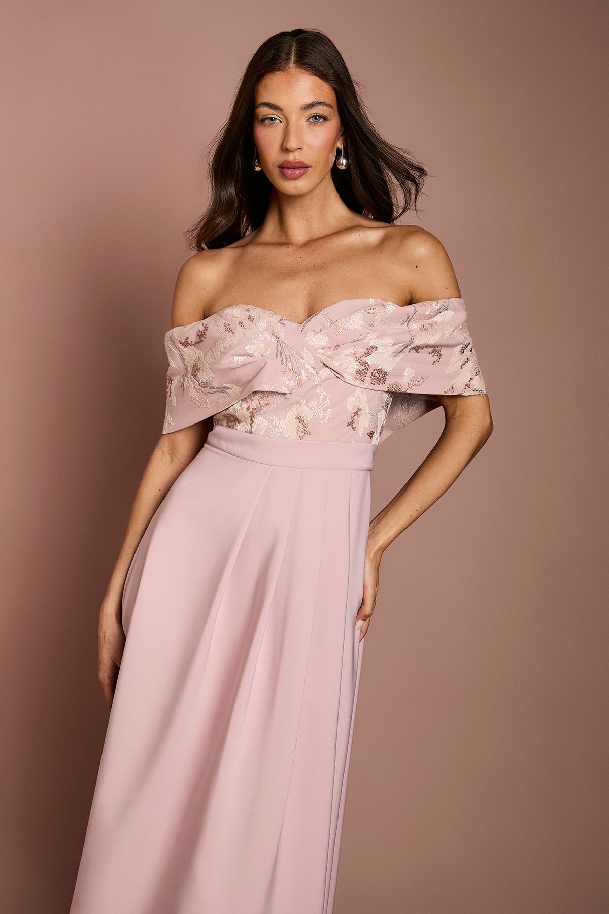 Coast Pleated V Neck Jacquard Bodice Crepe Skirt Midi Dress