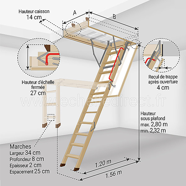 Echelle escamotable bois - Trémie de 60 x 120cm - Hauteur de 2.32 à 2.80m - LWK60120-2