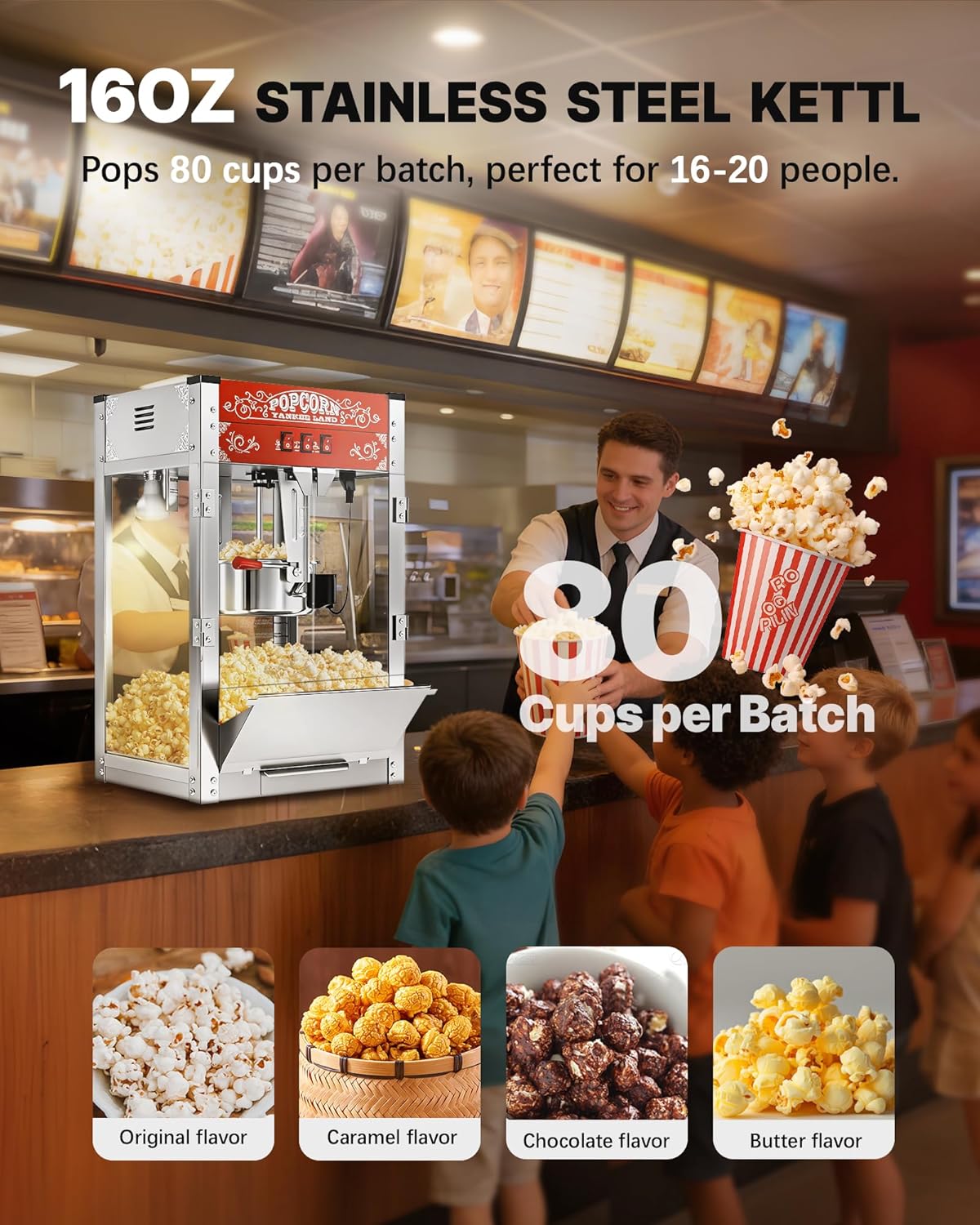 16 Oz Commercial Popcorn Machine, 1440 W, Movie Theater Popcorn Machine, Red Tabletop Pop Corn Machine with 3-Switch Control & Steel Frame Tempered Glass Doors