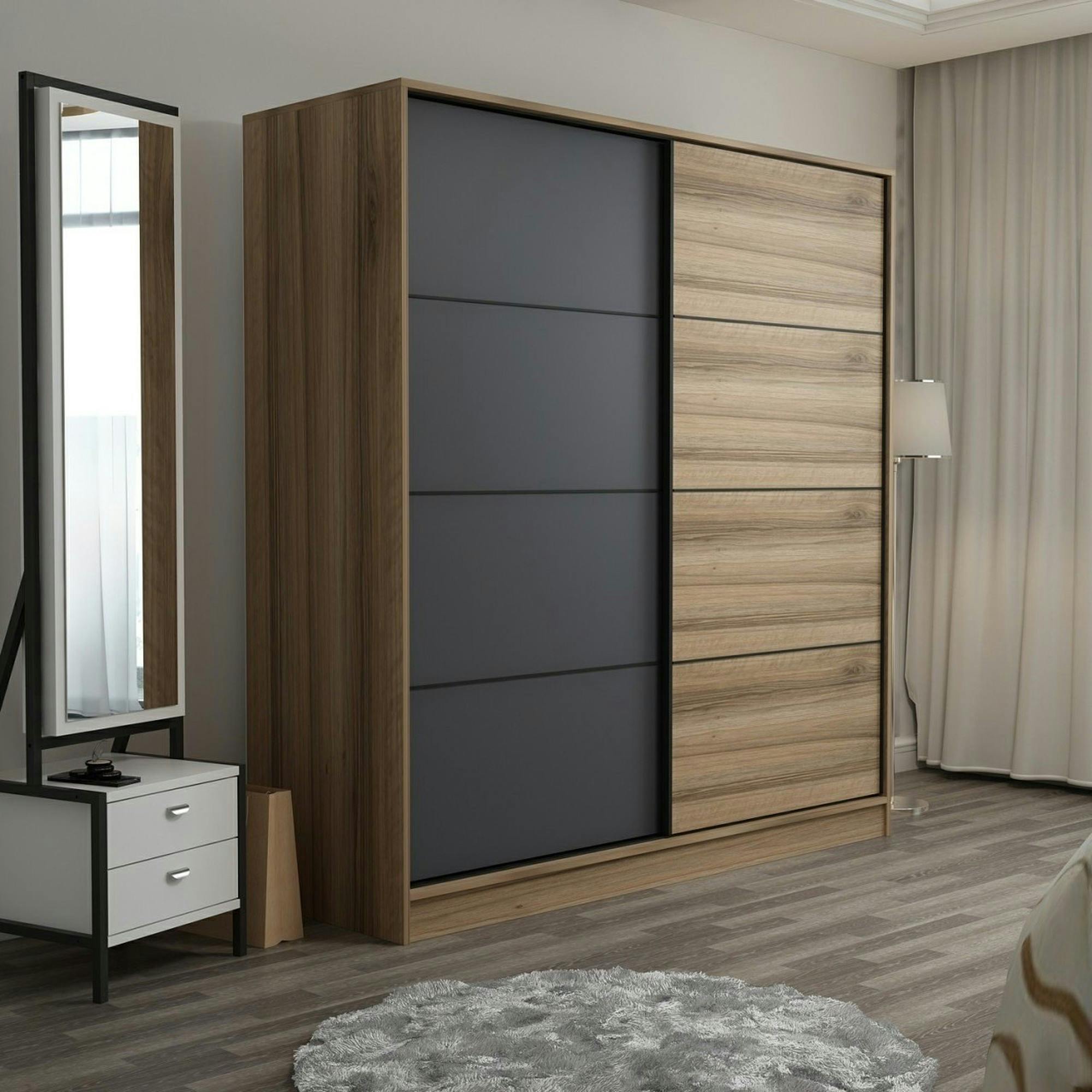 Armoire penderie moderne effet bois et gris L.180 cm BYRON