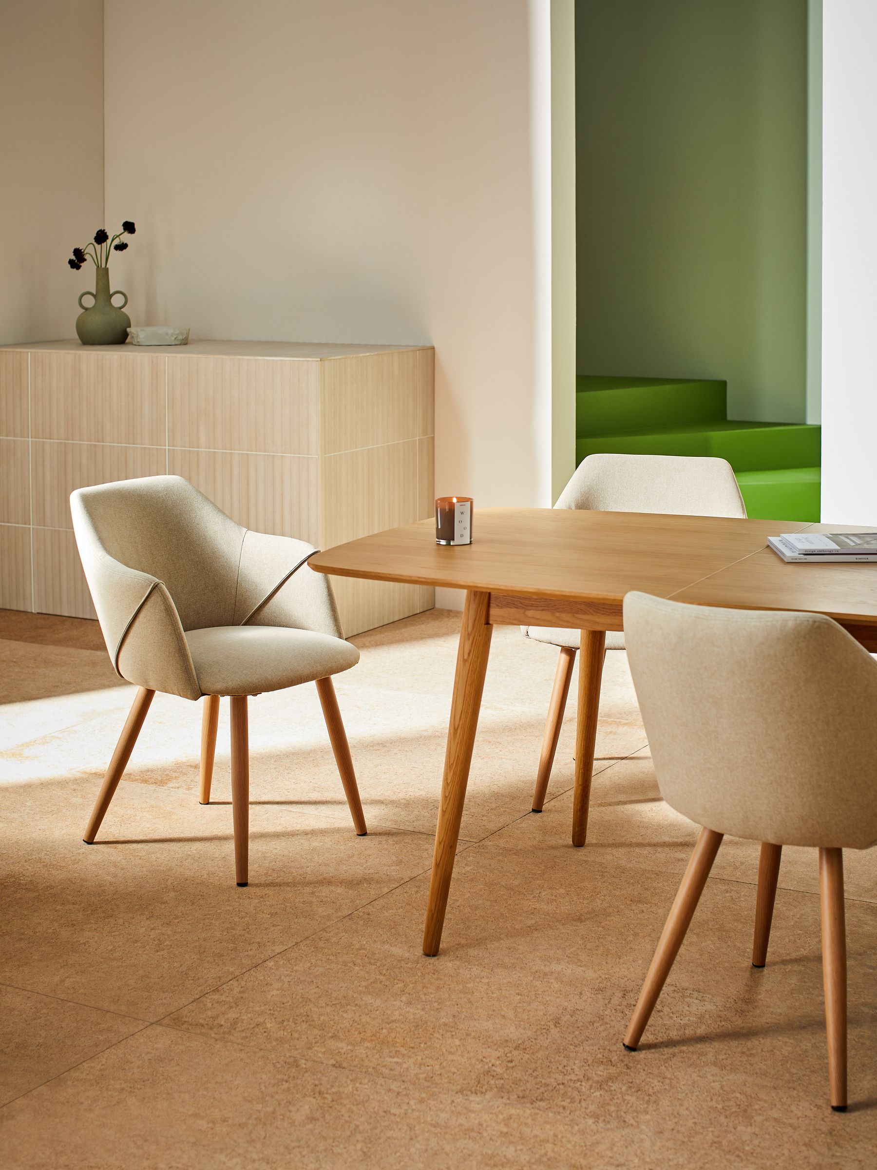 Set of 2 Lule Arm Dining Chairs in Ecru Marl and Oak Effect Legs