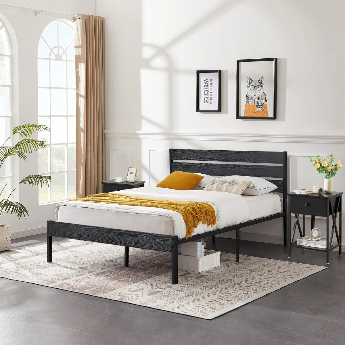 3-Pieces Bedroom Set Queen Size Platform Bed Frame and Nightstands Set of 2,Black Set