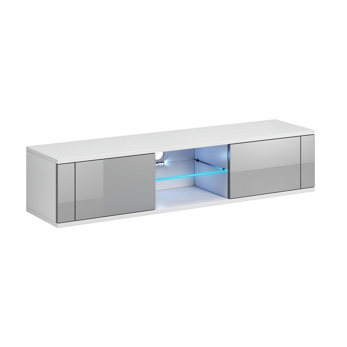 - Meuble tv 2 portes 140 cm avec led blanc et gris